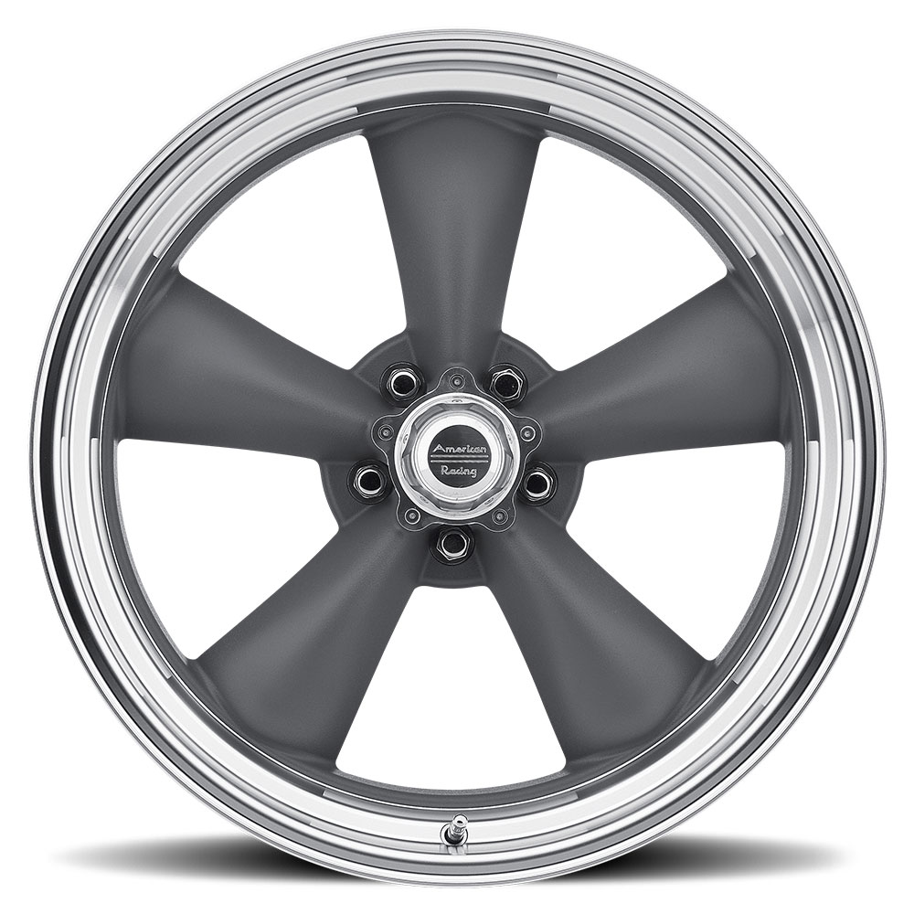 16x8/5x120.7mm, +8mm offset American Racing VN215 Classic Torq Thrust II 1 Pc Mag Gray Wheel with Center Polished Barrel